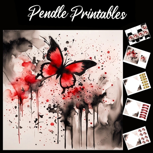 Splatter Art: The Red Butterfly 7x7 Card Kit. Matching Box, Gift Bauble,Tag