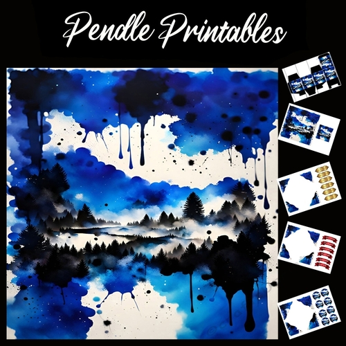 Splatter Art: Blue Landscapes 7x7 Card Kit. Matching Box, Gift Bauble,Tag