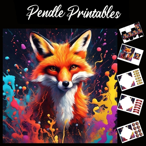 Splatter Art: Fiery Red Fox 7x7 Card Kit. Matching Box, Gift Bauble,Tag