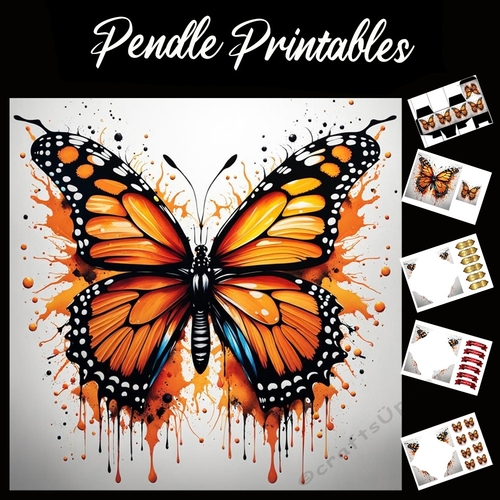 Splatter Art: Orange Butterfly 7x7 Card Kit. Matching Box, Gift Bauble,Tag
