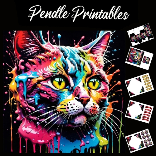 Splatter Art: Cute Colourful Cat 7x7 Card Kit. Matching Box, Gift Bauble,Tag