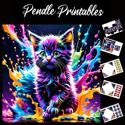 Splatter Art: Neon Splatter Kitten 7x7 Card Kit. Matching Box, Gift Bauble,Tag