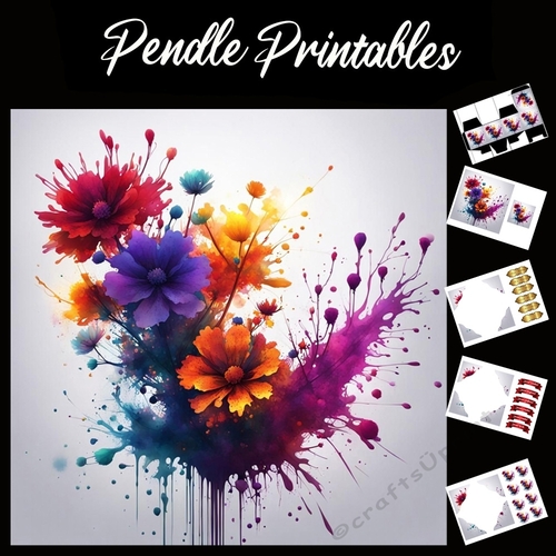 Splatter Art: Pretty Flowers 7x7 Card Kit. Matching Box, Gift Bauble,Tag