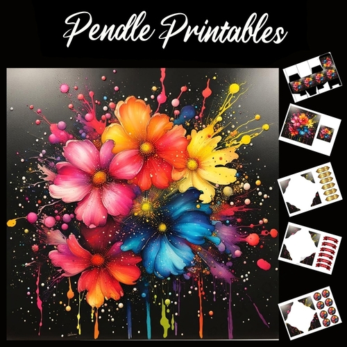 Splatter Art: Blooms In Colour 7x7 Card Kit. Matching Box, Gift Bauble,Tag