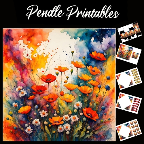 Splatter Art: Watercolour Poppies 7x7 Card Kit. Matching Box, Gift Bauble,Tag