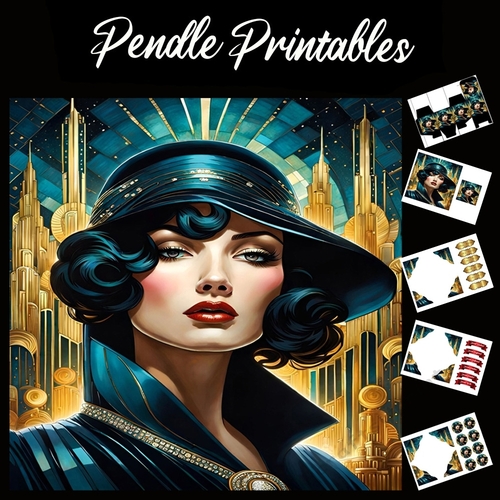 Art Deco Lady (1) 7x7 Card Kit. Matching Box, Gift Bauble,Tag