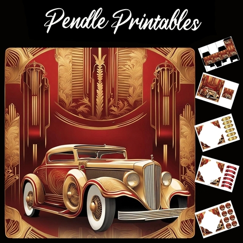 Art Deco Red & Gold Car 7x7 Card Kit. Matching Box, Gift Bauble,Tag