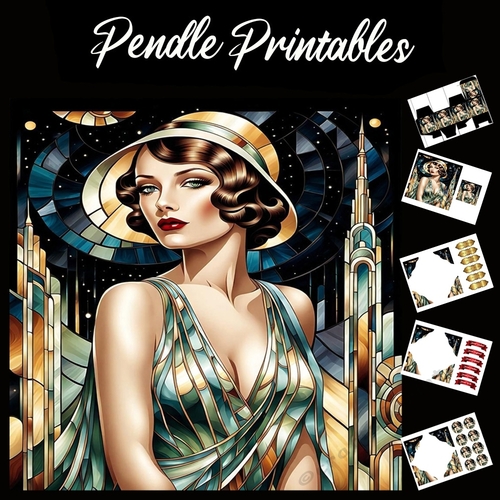 Art Deco Lady (4) 7x7 Card Kit. Matching Box, Gift Bauble,Tag