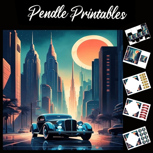 Art Deco Car (2) 7x7 Card Kit. Matching Box, Gift Bauble,Tag