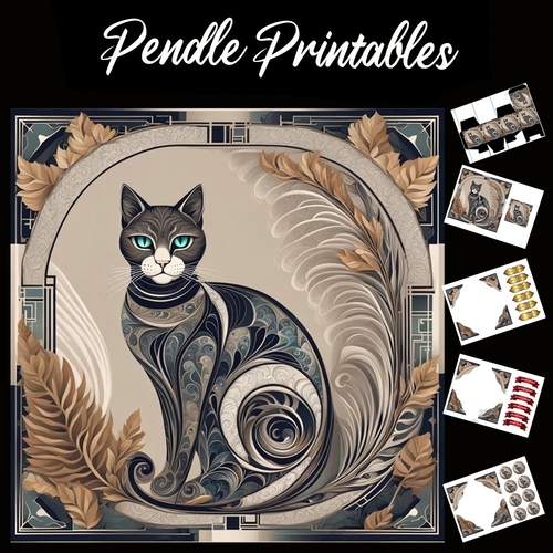 Art Deco Ornate Cat 7x7 Card Kit. Matching Box, Gift Bauble,Tag