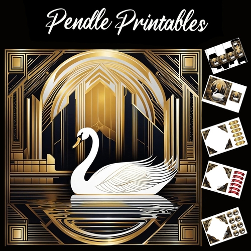 Art Deco Beautiful Swan 7x7 Card Kit. Matching Box, Gift Bauble,Tag