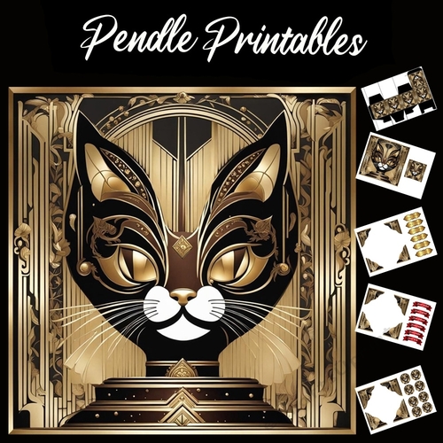Art Deco Cat Mask 7x7 Card Kit. Matching Box, Gift Bauble,Tag