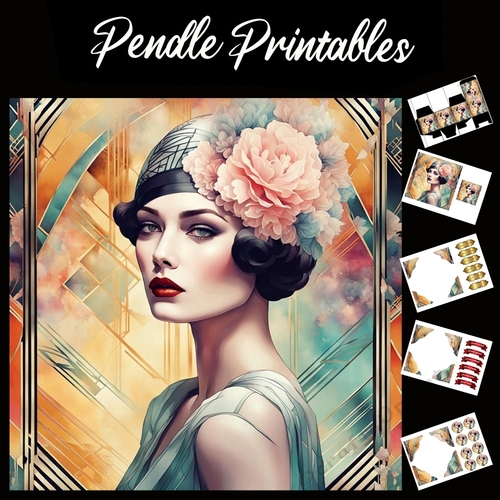 Art Deco Lady (12) 7x7 Card Kit. Matching Box, Gift Bauble,Tag