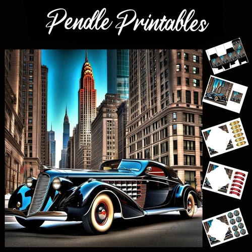 Art Deco Super Car 7x7 Card Kit. Matching Box, Gift Bauble,Tag