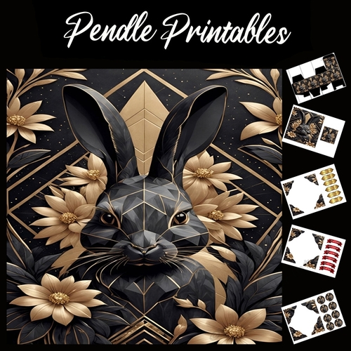 Art Deco Black & Gold Rabbit 7x7 Card Kit. Matching Box, Gift Bauble,Tag