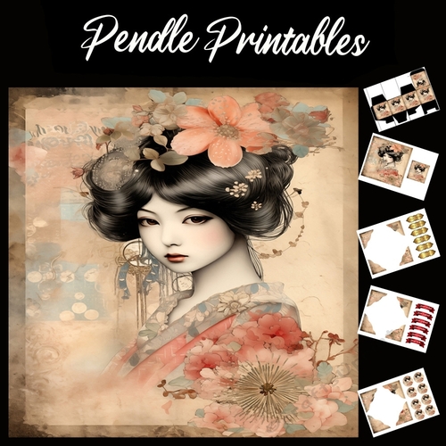 Classical Japanese Beauty (6) 7x7 Card Kit. Matching Box, Gift Bauble,Tag