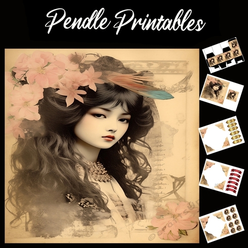 Classical Japanese Beauty (7) 7x7 Card Kit. Matching Box, Gift Bauble,Tag