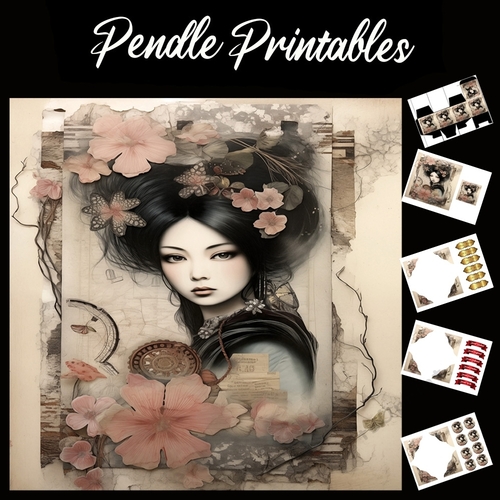 Classical Japanese Beauty (8) 7x7 Card Kit. Matching Box, Gift Bauble,Tag
