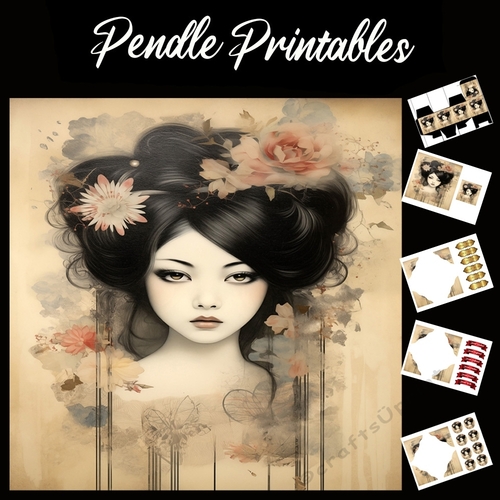 Classical Japanese Beauty (9) 7x7 Card Kit. Matching Box, Gift Bauble,Tag