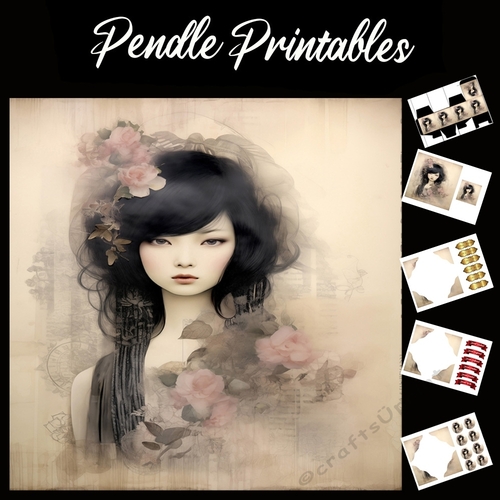 Classical Japanese Beauty (10) 7x7 Card Kit. Matching Box, Gift Bauble,Tag
