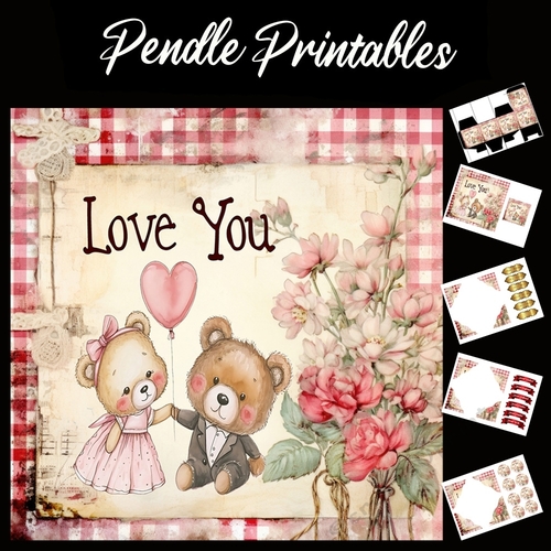 Cute Love You Teddy Bears 7x7 Card Kit. Matching Box, Gift Bauble,Tag