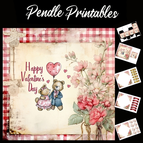 Cute Happy Valentines Day Teddy Bears 7x7 Card Kit. Matching Box, Gift Bauble,Tag
