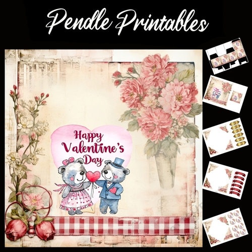 Cute Happy Valentines Day Teddy Bears 2 7x7 Card Kit. Matching Box, Gift Bauble,Tag
