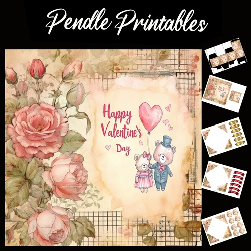 Cute Happy Valentines Day Teddy Bears 3 7x7 Card Kit. Matching Box, Gift Bauble,Tag