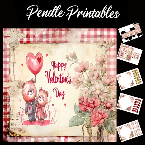 Cute Happy Valentines Day Teddy Bears 4 7x7 Card Kit. Matching Box, Gift Bauble,Tag