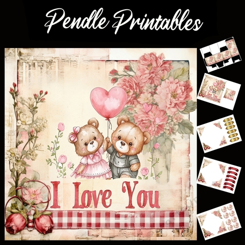 Cute I Love You Teddy Bears 7x7 Card Kit. Matching Box, Gift Bauble,Tag