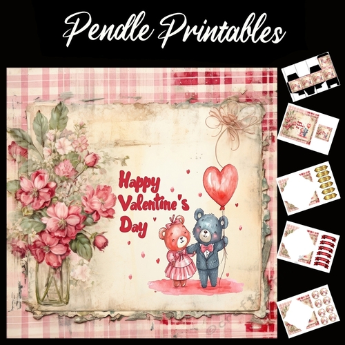 Cute Happy Valentines Day Teddy Bears 4 7x7 Card Kit. Matching Box, Gift Bauble,Tag