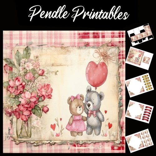 Cute Happy Teddy Bears 7x7 Card Kit. Matching Box, Gift Bauble,Tag