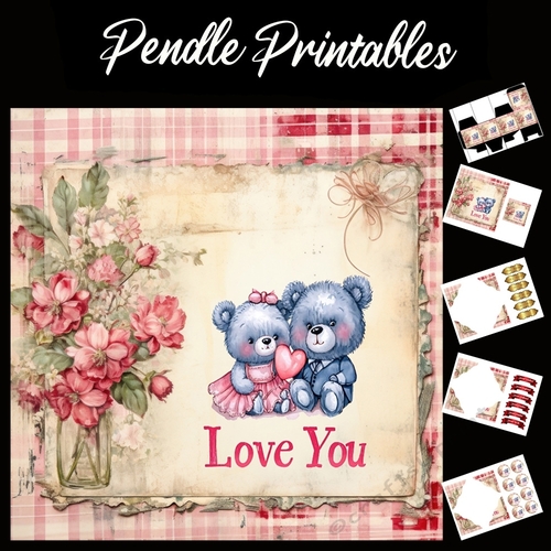 Cute Love You Teddy Bears 2 7x7 Card Kit. Matching Box, Gift Bauble,Tag
