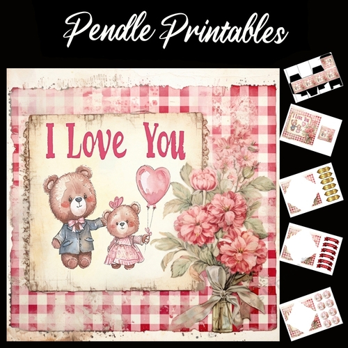 Cute I Love You Teddy Bears 2 7x7 Card Kit. Matching Box, Gift Bauble,Tag