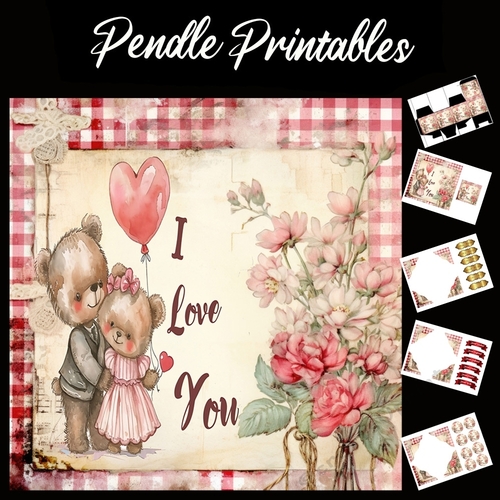Cute I Love You Teddy Bears 3 7x7 Card Kit. Matching Box, Gift Bauble,Tag