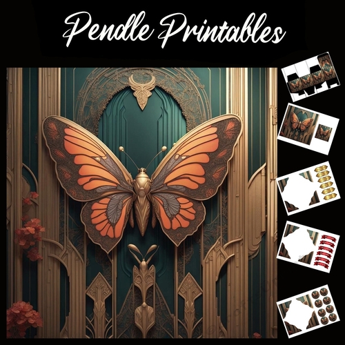 Art Deco Mechanical Butterfly 7x7 Card Kit. Matching Box, Gift Bauble,Tag