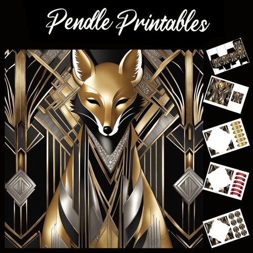 Art Deco Golden Fox 7x7 Card Kit. Matching Box, Gift Bauble,Tag