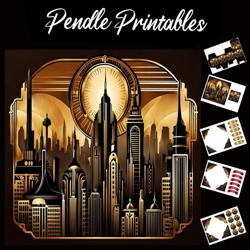 Art Deco Cityscape 7x7 Card Kit. Matching Box, Gift Bauble,Tag