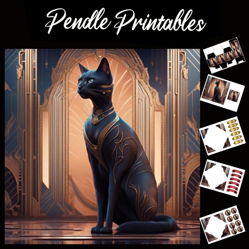 Art Deco Noble Black Cat 7x7 Card Kit. Matching Box, Gift Bauble,Tag