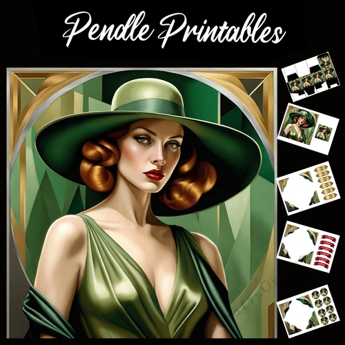 Art Deco Green Godess 7x7 Card Kit. Matching Box, Gift Bauble,Tag