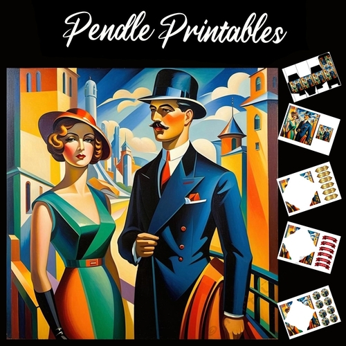 Art Deco Couple 7x7 Card Kit. Matching Box, Gift Bauble,Tag