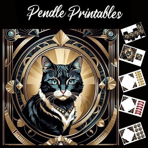 Art Deco Black & White Cat 7x7 Card Kit. Matching Box, Gift Bauble,Tag