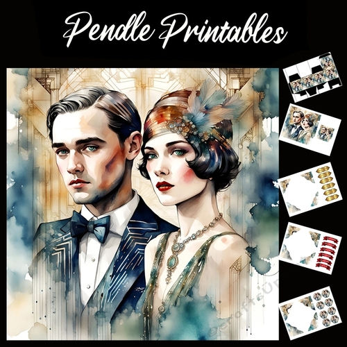 Art Deco Watercolour Couple 7x7 Card Kit. Matching Box, Gift Bauble,Tag