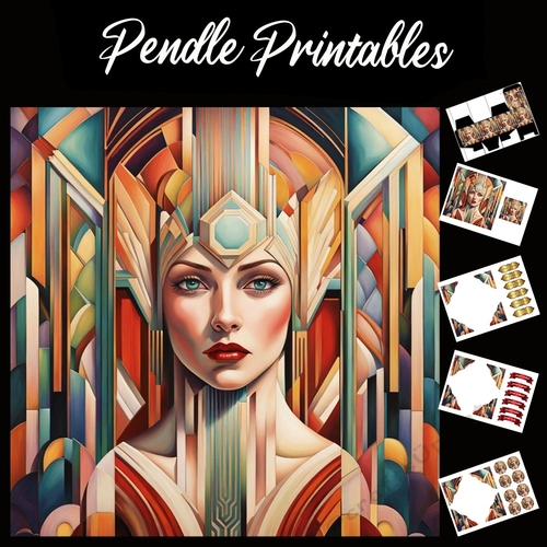 Art Deco Fantasy Lady 7x7 Card Kit. Matching Box, Gift Bauble,Tag
