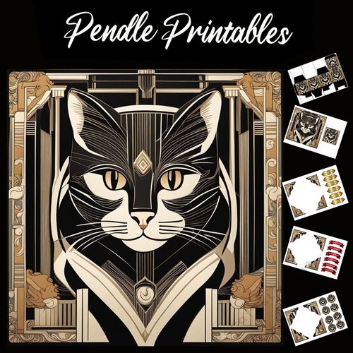 Art Deco Mystic Cat 7x7 Card Kit. Matching Box, Gift Bauble,Tag