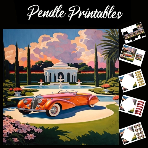 Art Deco Garden Scene 7x7 Card Kit. Matching Box, Gift Bauble,Tag