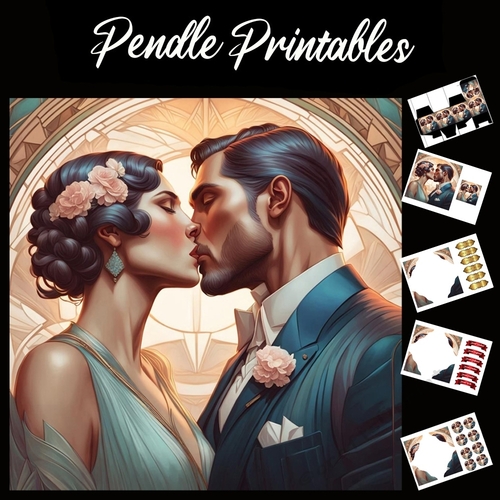 Art Deco Just Married Couple 7x7 Card Kit. Matching Box, Gift Bauble,Tag