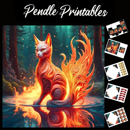 Flame Art: Fire Cat 2 7x7 Card Kit. Matching Box, Gift Bauble,Tag