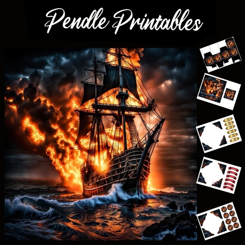 Flame Art: Fire Galleon Ship 7x7 Card Kit. Matching Box, Gift Bauble,Tag