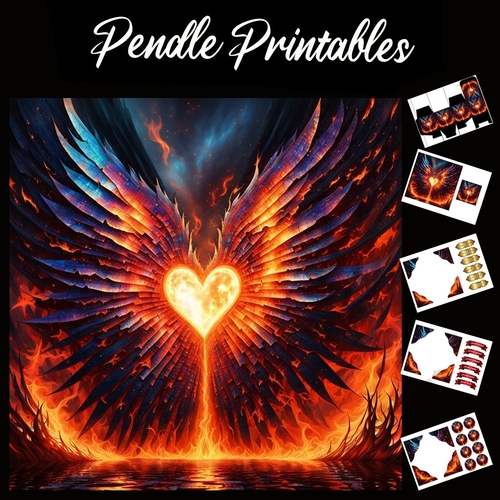 Flame Art: Burning Winged Heart 7x7 Card Kit. Matching Box, Gift Bauble,Tag